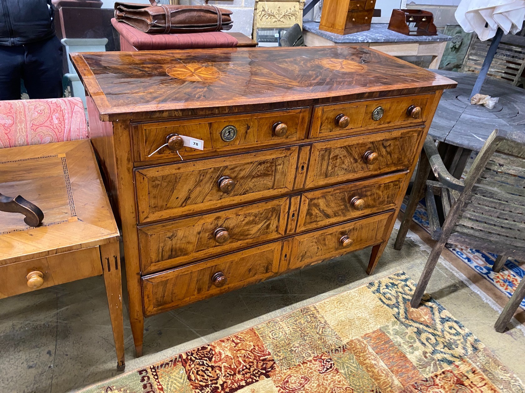 An 18th century parquetry inlaid Dutch walnut five drawer chest, width 131cm, depth 57cm, height 104cm